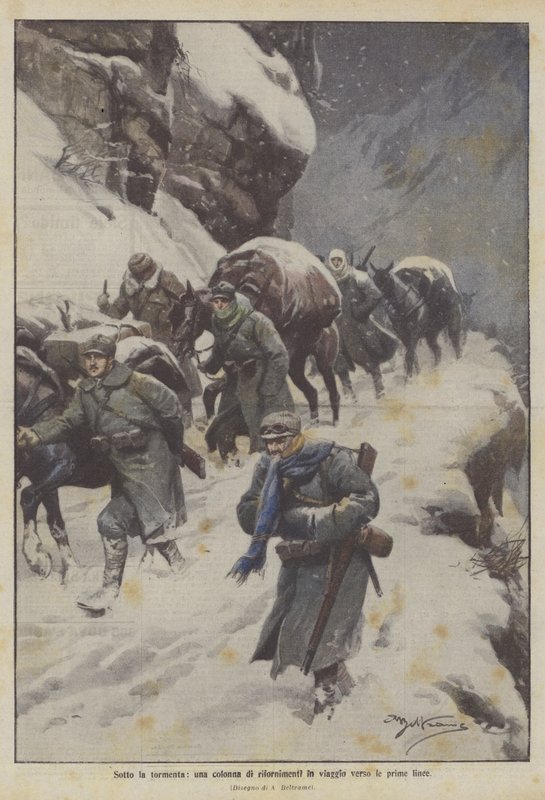 Under snöstormen, en kolonn av förnödenheter på väg till frontlinjerna av Achille Beltrame