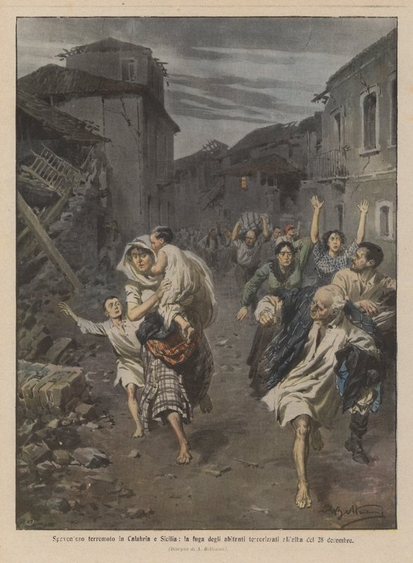 Skrämmande jordbävning i Kalabrien och Sicilien, de skräckslagna invånarnas flykt i gryningen den 28 december av Achille Beltrame