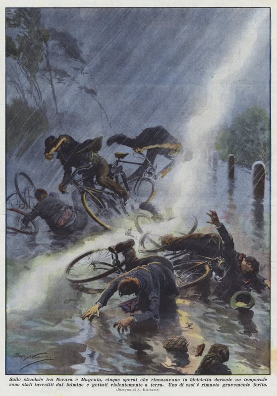 På vägen mellan Novara och Magenta, fem arbetare som kom hem på cykel under? av Achille Beltrame