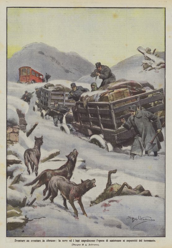 Olyckor efter olyckor i Abruzzo, snö och vargar hindrar arbetet med hjälp till de överlevande från jordbävningen av Achille Beltrame
