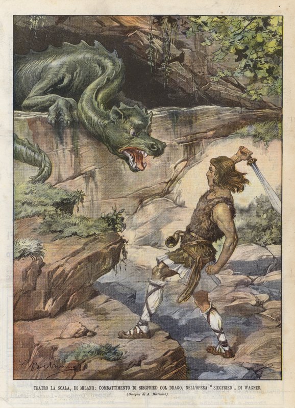La Scala Theatre, Milano, Siegfrieds kamp med draken, i operan Siegfried Di Wagner av Achille Beltrame