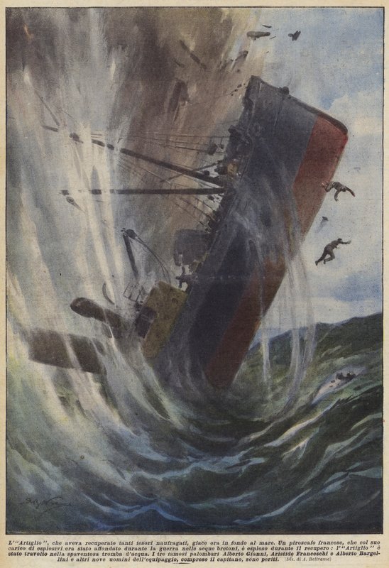 Klon, som hade återvunnit så många skeppsbrutna skatter, ligger nu på havets botten (färg litho) av Achille Beltrame