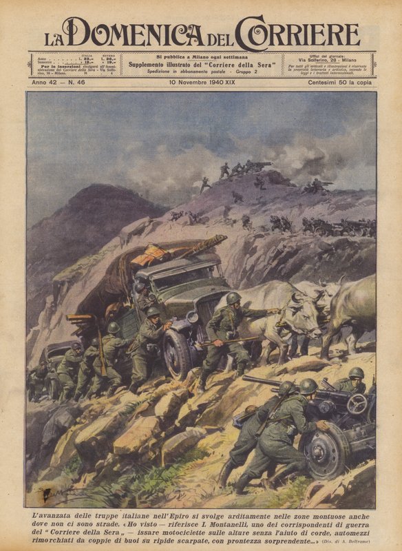 De italienska truppernas frammarsch i Epirus sker djärvt i bergsområden även där det inte finns några vägar (färg litho) av Achille Beltrame