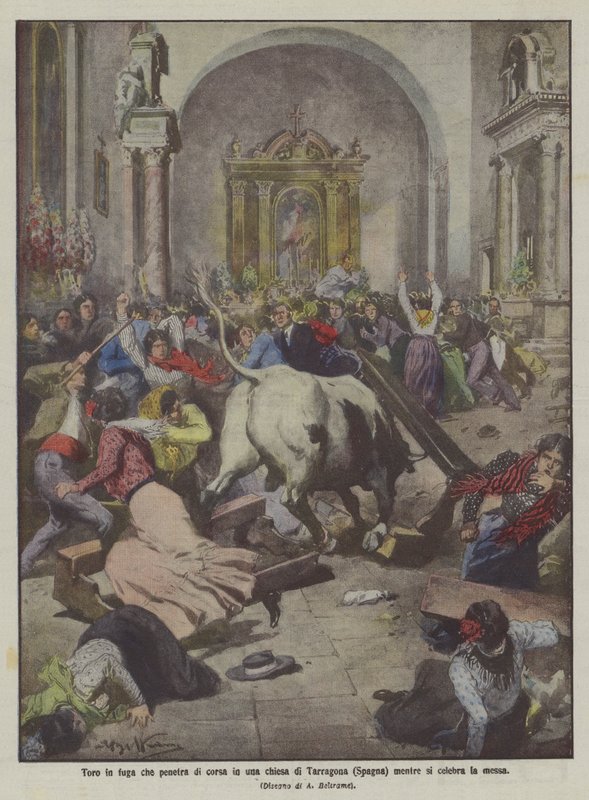 Förrymd tjur springer in i en kyrka i Tarragona (Spanien) medan mässan firas av Achille Beltrame