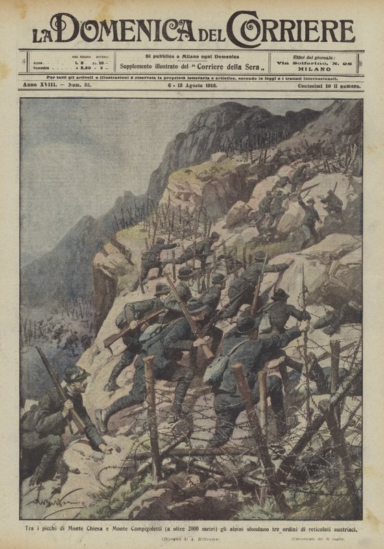 Mellan topparna Monte Chiesa och Monte Campigoletti (på över 2000 meter) slår de alpina trupperna igenom tre? av Achille Beltrame