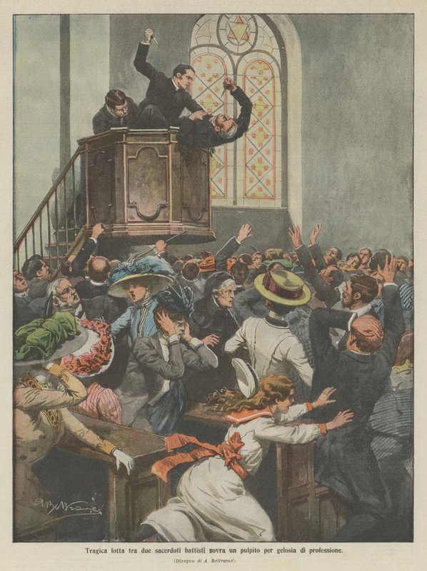 Tragisk kamp mellan två baptistpräster på en predikstol för yrkesavundsjuka (färg litho) av Achille Beltrame