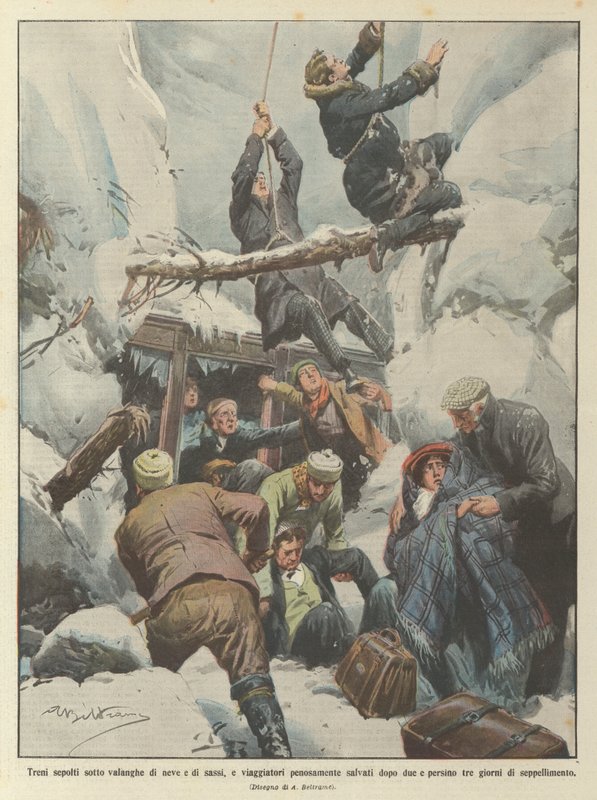 Tåg begravda under laviner av snö och stenar, och resenärer smärtsamt räddade efter två? av Achille Beltrame
