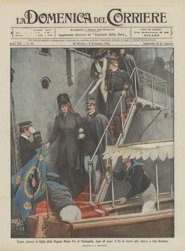 Sorglig återkomst till Italien av drottning Maria Pia av Portugal, efter 48 år tar kungen emot henne på? av Achille Beltrame