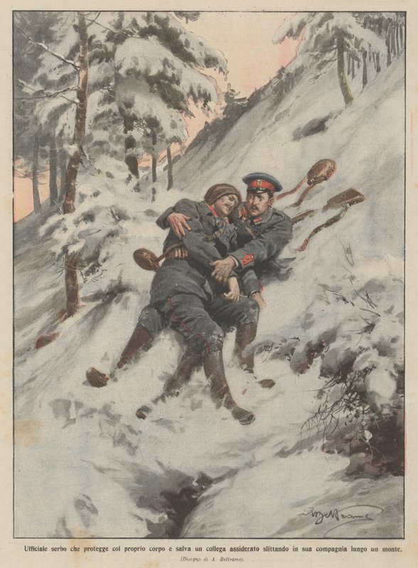 Serbisk officer som skyddar med sin egen kropp och räddar en frusen kollega genom att glida in i hans? av Achille Beltrame