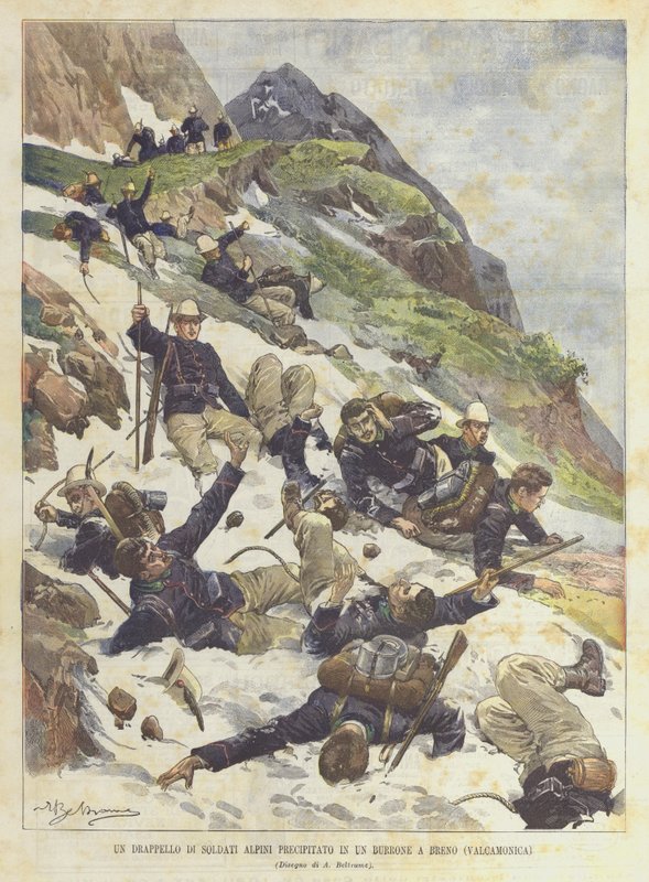 En fångst av alpina soldater som fallit i en ravin i Breno (Valcamonica) av Achille Beltrame