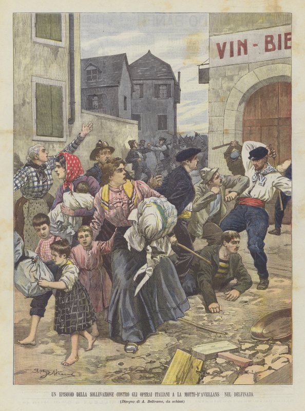 Ett avsnitt av upproret mot de italienska arbetarna på La Motte-DAveillans Nel Dauphiné av Achille Beltrame