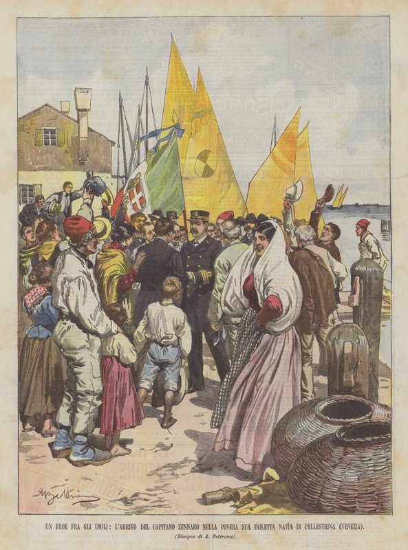 En hjälte bland de ödmjuka, kapten Zennaros ankomst till sin fattiga hemö Pellestrina (Venedig) av Achille Beltrame