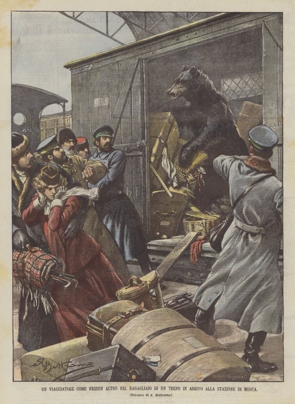 En resenär som ingen annan i bagageutrymmet på ett ankommande tåg på Moskvas station av Achille Beltrame