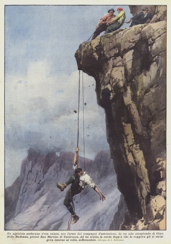 En paduansk bergsbestigare på natten föll, med hjälp av sina uteslutande följeslagare, från en hög klippa? av Achille Beltrame
