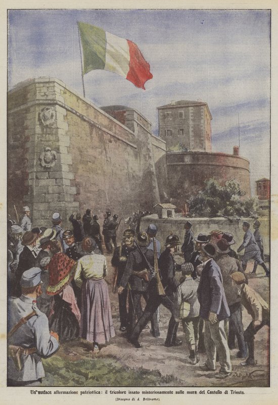 En djärv patriotisk bekräftelse, trikoloren hissas mystiskt på väggarna i slottet Trieste av Achille Beltrame