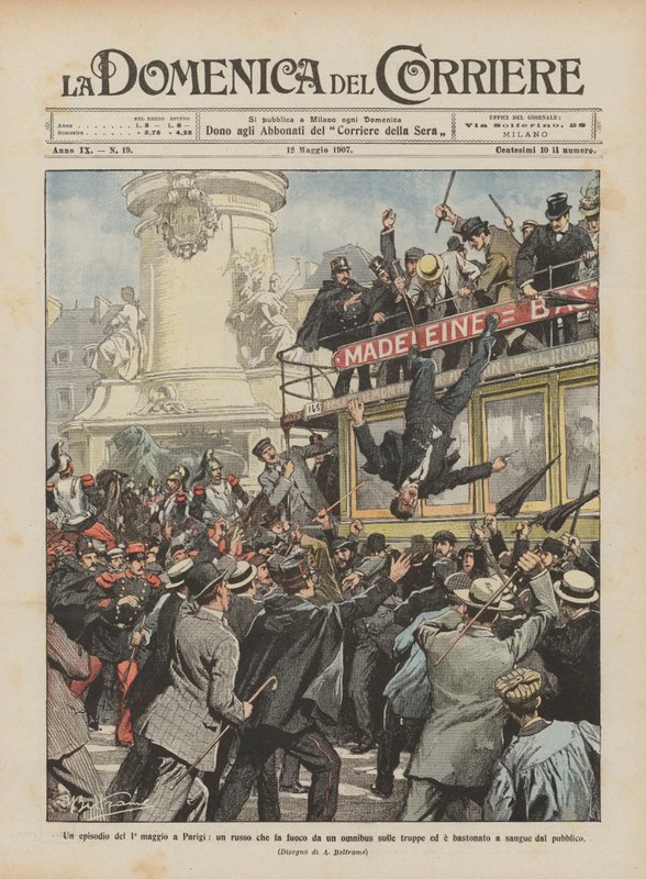 Ett avsnitt av 1 maj i Paris, en rysk skjutning mot trupperna från en omnibus? av Achille Beltrame