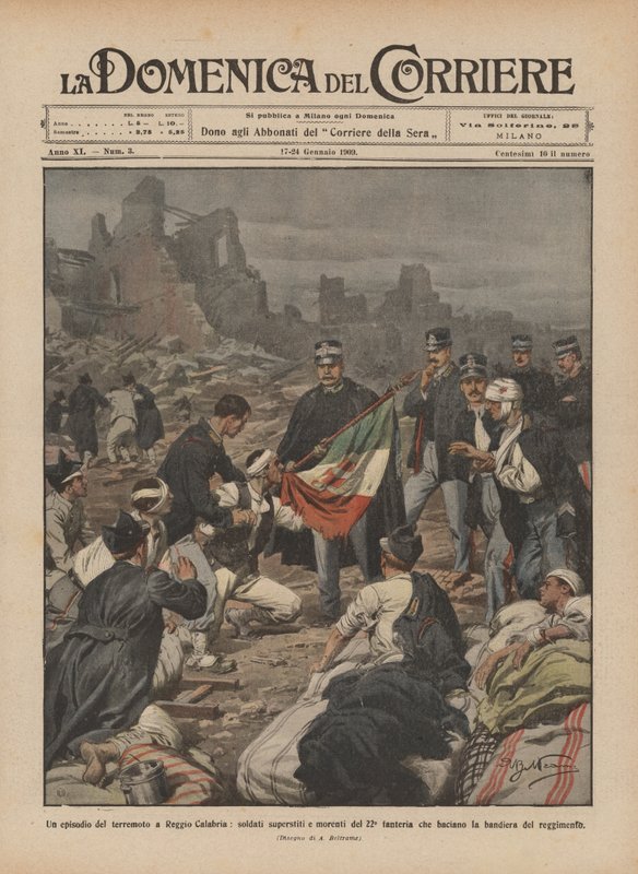 En episod av jordbävningen i Reggio Calabria, överlevande och döende soldater från det 22:a infanteriet, vem? av Achille Beltrame