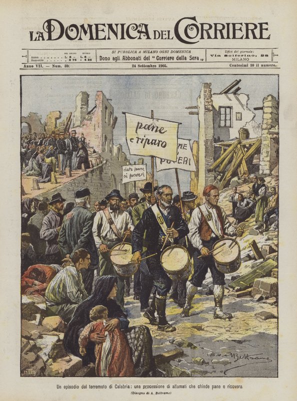 En episod av jordbävningen i Kalabrien, en procession av hungriga människor som ber om bröd och tak över huvudet av Achille Beltrame