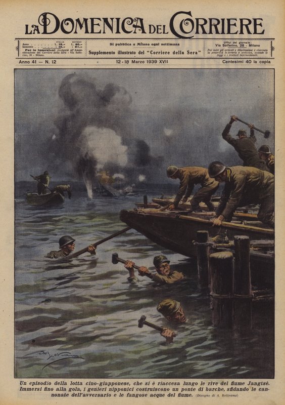 En episod av den kinesisk-japanska kampen, som återuppstod längs Jangtseflodens strand av Achille Beltrame