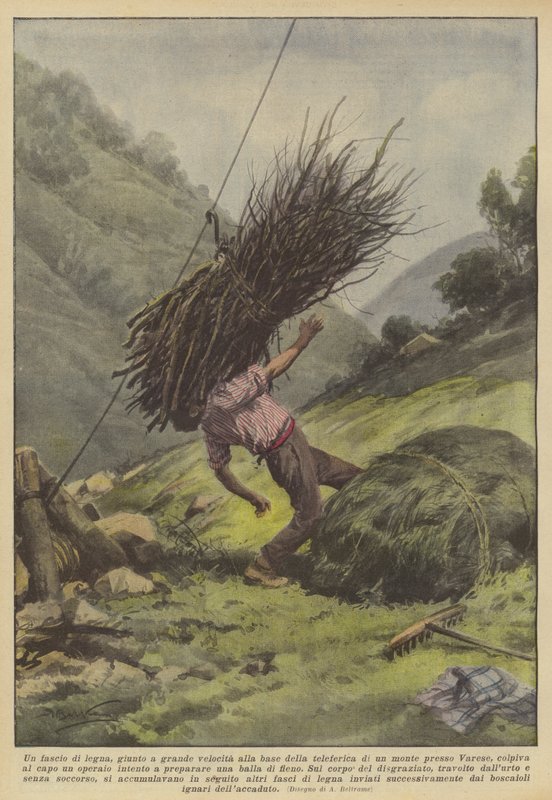 En bunt trä, anlände med hög hastighet vid foten av linbanan på ett berg nära Varese? av Achille Beltrame