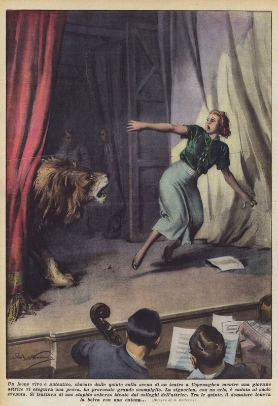 Ett levande och autentiskt lejon, dök upp från vingarna på scenen på en teater i Köpenhamn medan en? av Achille Beltrame