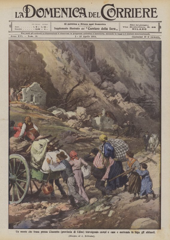 Ett berg som rasade nära Clauzetto (provinsen Udine) överväldigande åkrar och hus och satte invånarna på flykt av Achille Beltrame