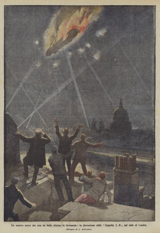 Ett flygmonster som inte återvände till Tyskland, förstörelsen av Zeppelin L 31 på Londonhimlen av Achille Beltrame