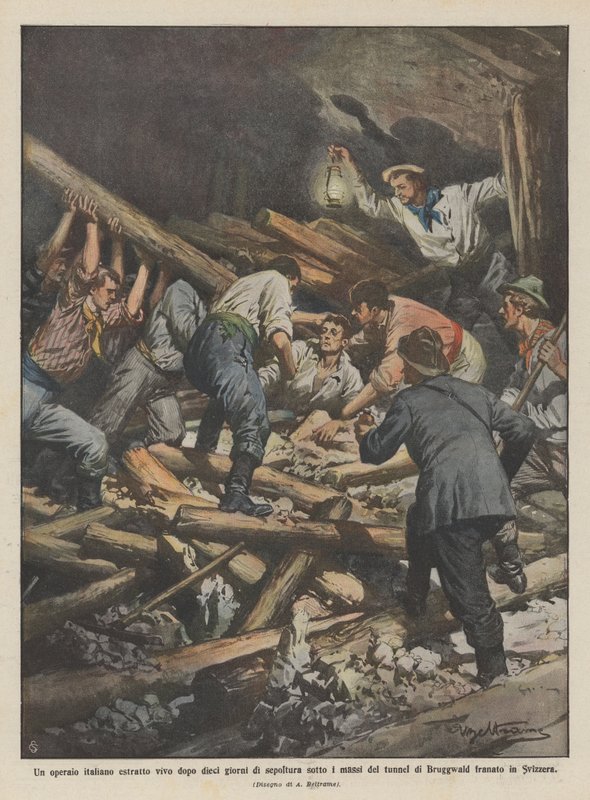 En italiensk arbetare utvunnen levande efter tio dagars begravning under tunnelns stenblock? av Achille Beltrame
