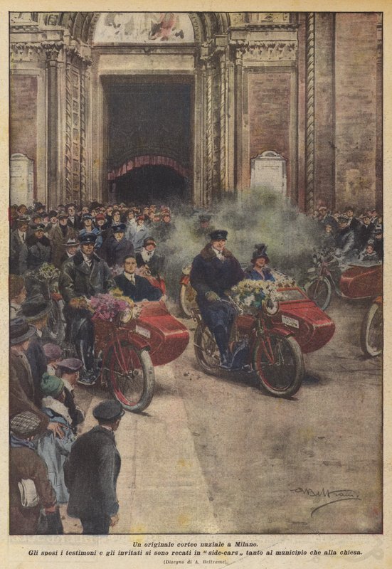 En original bröllopsprocession i Milano (färg litho) av Achille Beltrame