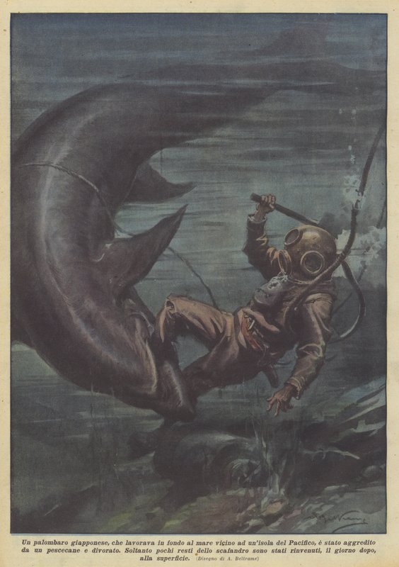 En japansk dykare som arbetar på botten av havet nära en ö i Stilla havet? av Achille Beltrame