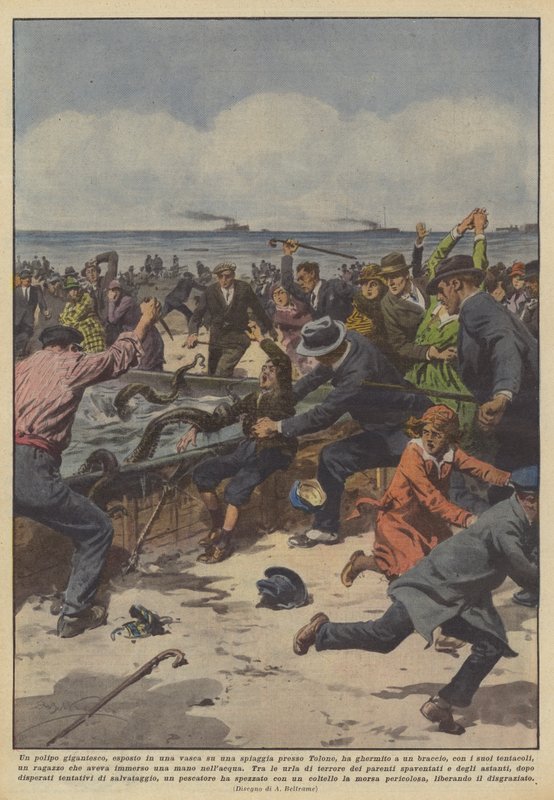 Har en jättebläckfisk, utställd i ett badkar på en strand nära Toulon, gripit? av Achille Beltrame
