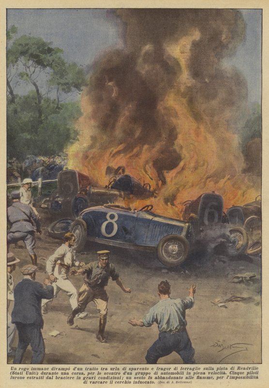 En enorm brand flammade plötsligt upp mellan skräckskrik och skrotkraschen på banan? av Achille Beltrame