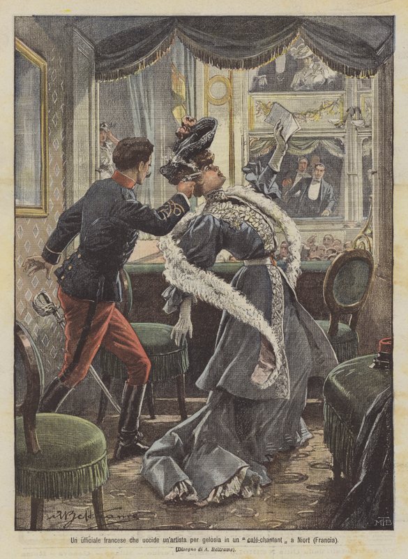 En fransk officer dödar en artist av svartsjuka på en kafé-chantant i Niort (Frankrike) av Achille Beltrame