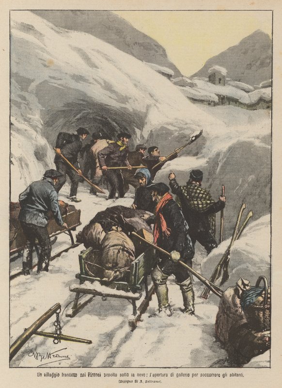 En fransk by i Pyrenéerna begravd under snön, öppnandet av tunnlar för att rädda invånarna av Achille Beltrame