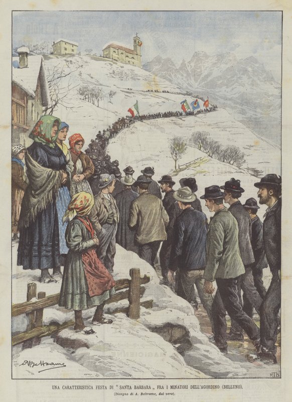 En karakteristisk fest för Santa Barbara bland gruvarbetare i Agordino (Belluno) av Achille Beltrame