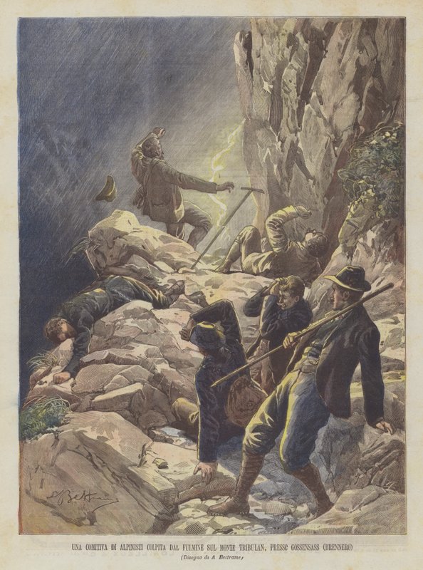En grupp bergsklättrare träffades av blixten på berget Tribulan, nära Gossensass (Brennero) av Achille Beltrame