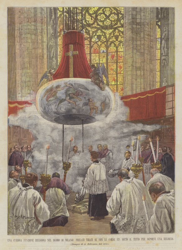 En nyfiken religiös funktion i katedralen i Milano, prelater drog upp med rep upp under? av Achille Beltrame