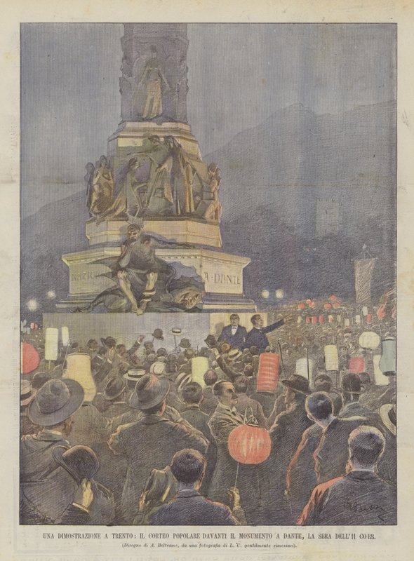 En demonstration i Trento, den populära processionen framför monumentet till Dante, La Sera Dell11 Corr av Achille Beltrame