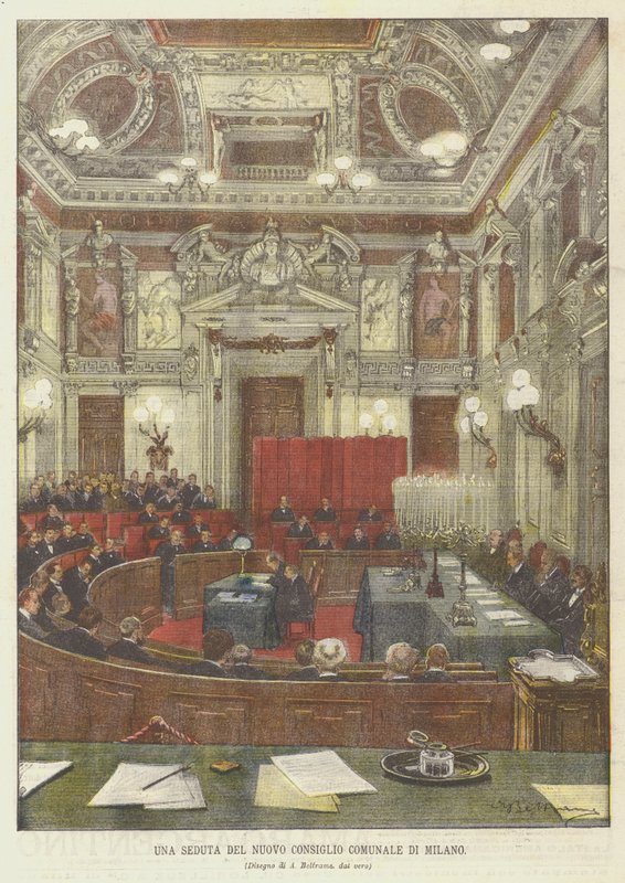 En session i det nya stadsfullmäktige i Milano av Achille Beltrame