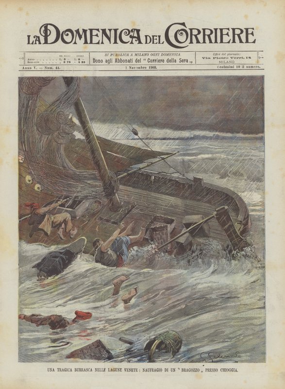 En tragisk storm i de venetianska lagunerna, skeppsbrott av en Bragozzo nära Chioggia av Achille Beltrame