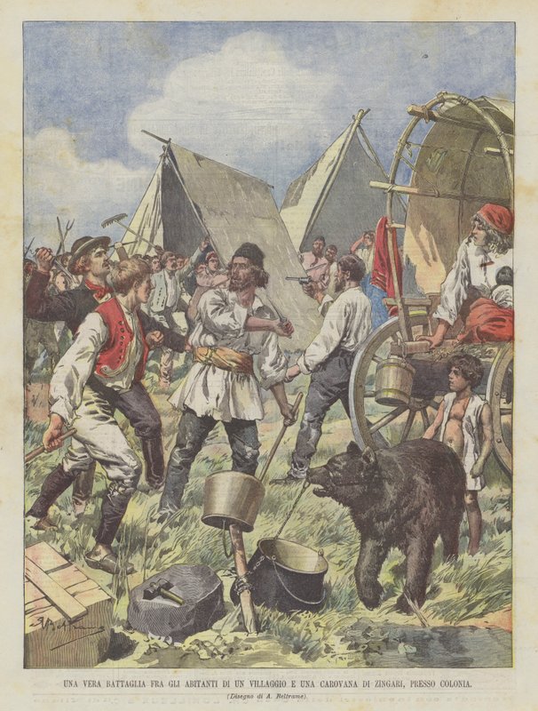 En riktig strid mellan invånarna i en by och en zigenarkaravan, nära Köln av Achille Beltrame