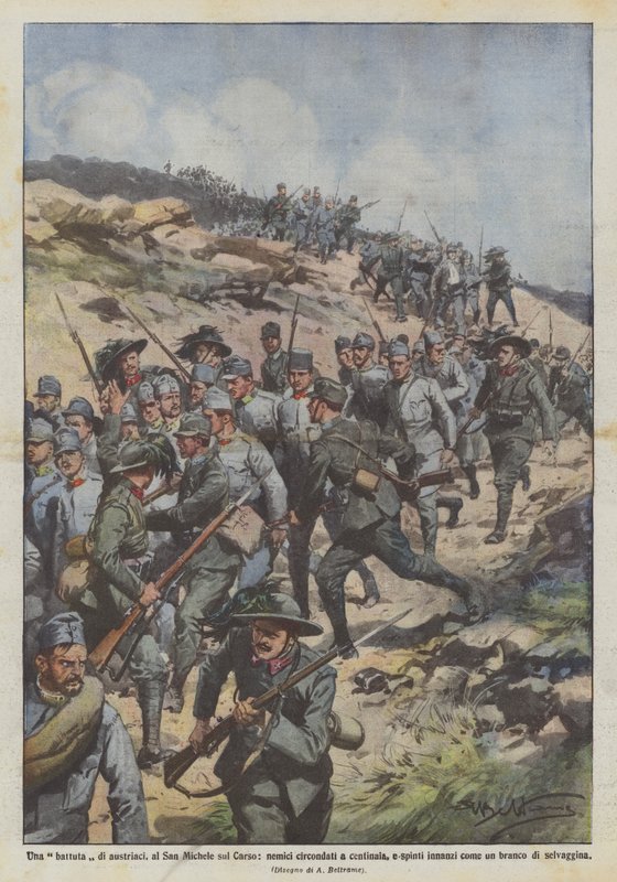 Ett skämt av österrikare, vid San Michele sul Carso, fiender omgivna av hundratals? av Achille Beltrame