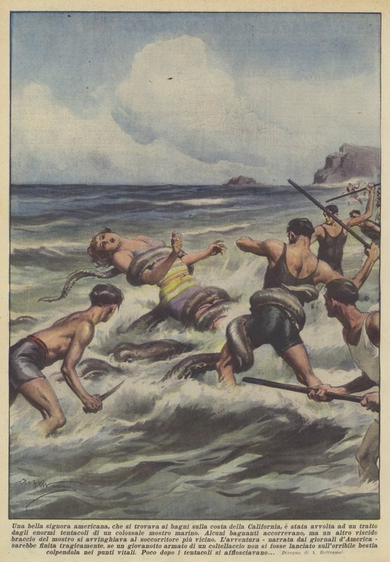 Var en vacker amerikansk dam, som var vid baden vid Kaliforniens kust, insvept? av Achille Beltrame