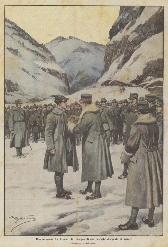 En ceremoni i snön, leverans av två silvermedaljer för tapperhet av Achille Beltrame
