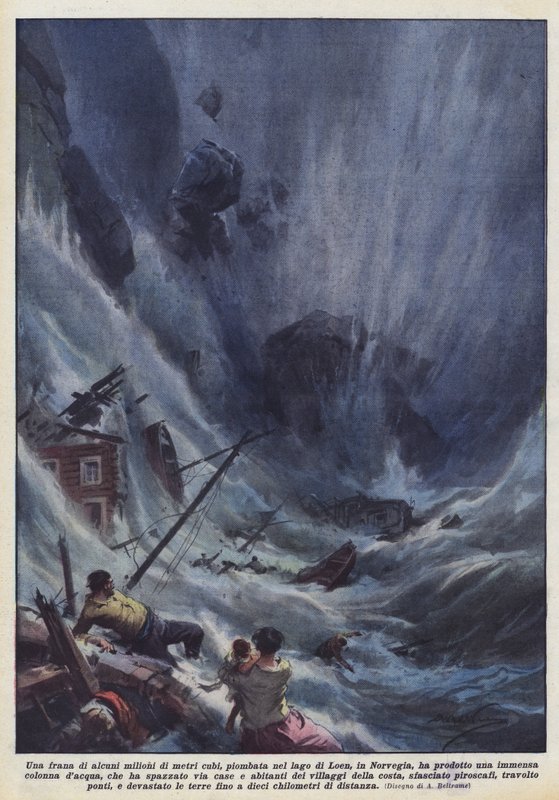 Ett jordskred på flera miljoner kubikmeter, som landade i sjön Loen, i Norge, gav en? av Achille Beltrame
