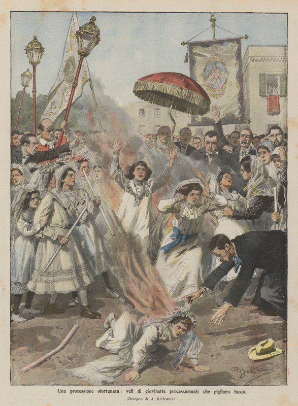 En olycklig procession, slöjor av unga processioner som tar eld av Achille Beltrame