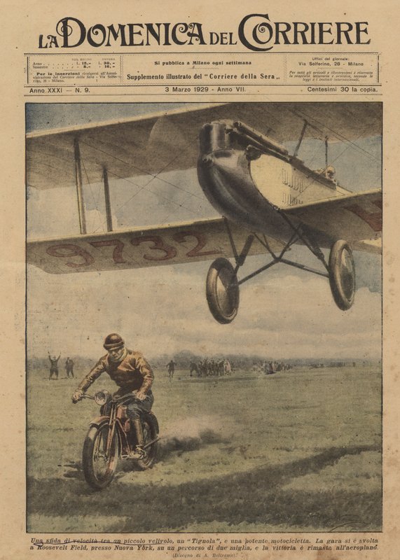 En hastighetsutmaning mellan ett litet flygplan, en Moth och en kraftfull motorcykel av Achille Beltrame