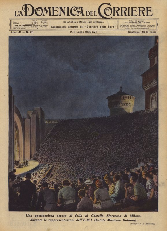 En spektakulär kväll med folkmassor på Castello Sforzesco i Milano, under föreställningarna? av Achille Beltrame