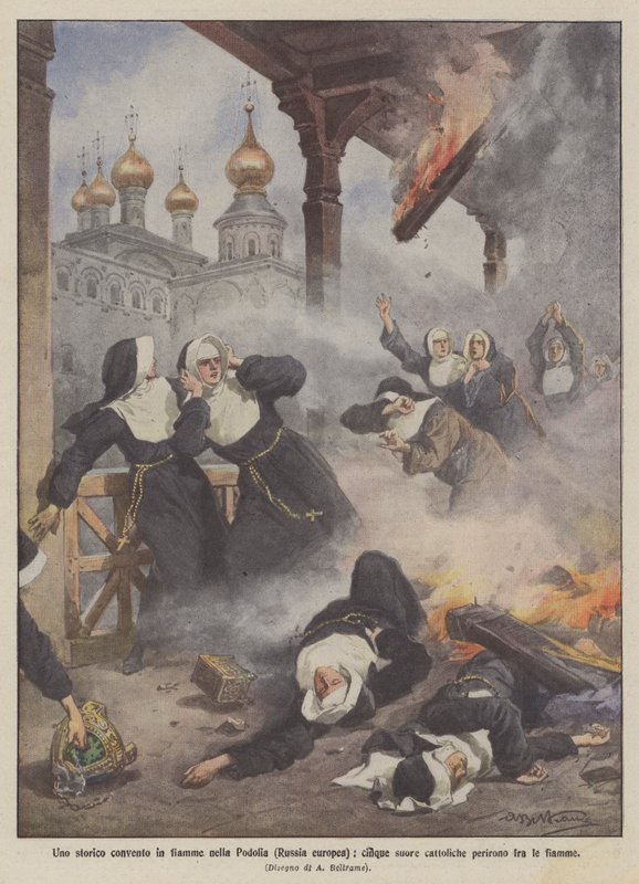 Ett historiskt kloster i brand i Podolia (Europeiska Ryssland), fem katolska nunnor omkom i lågorna av Achille Beltrame
