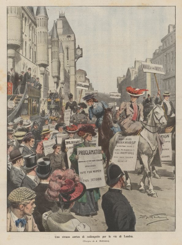 En märklig procession av suffragetter genom Londons gator av Achille Beltrame